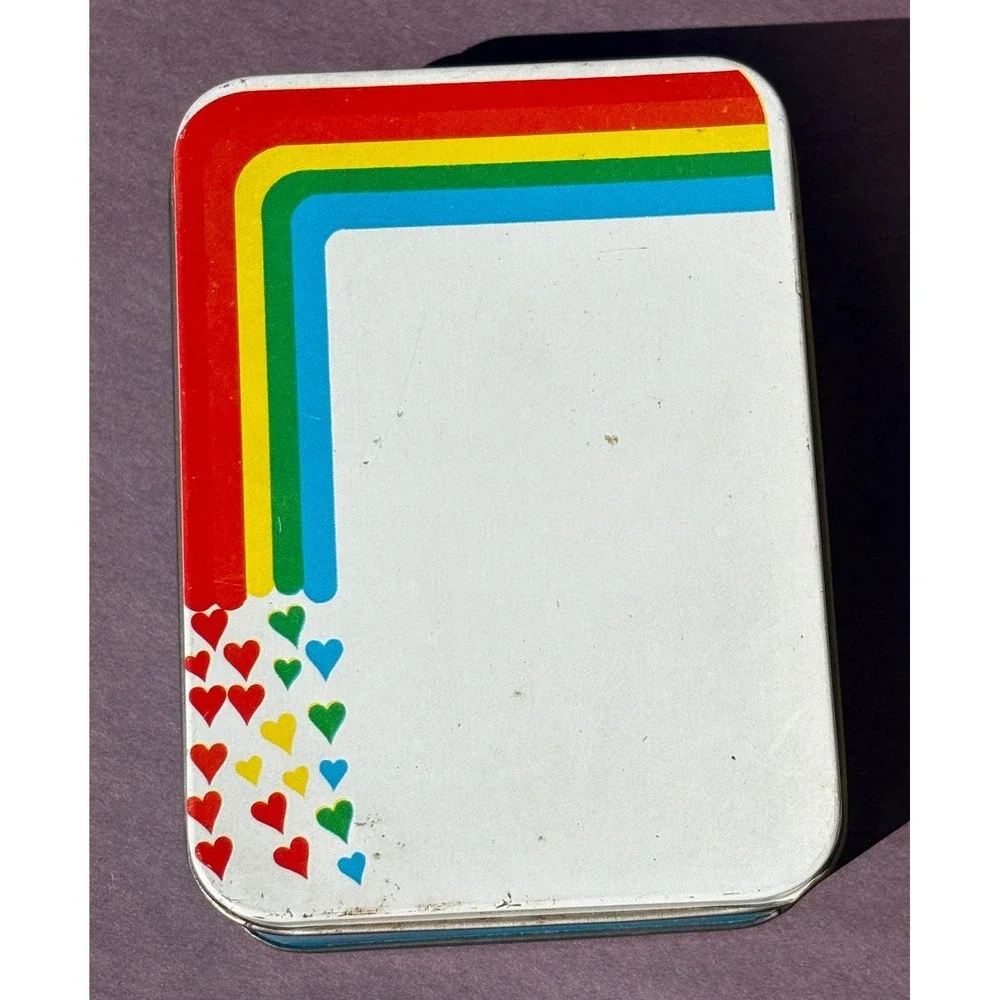 Vintage 80's Rainbow Heart Stationery Set Tin‎ Blue White Retro